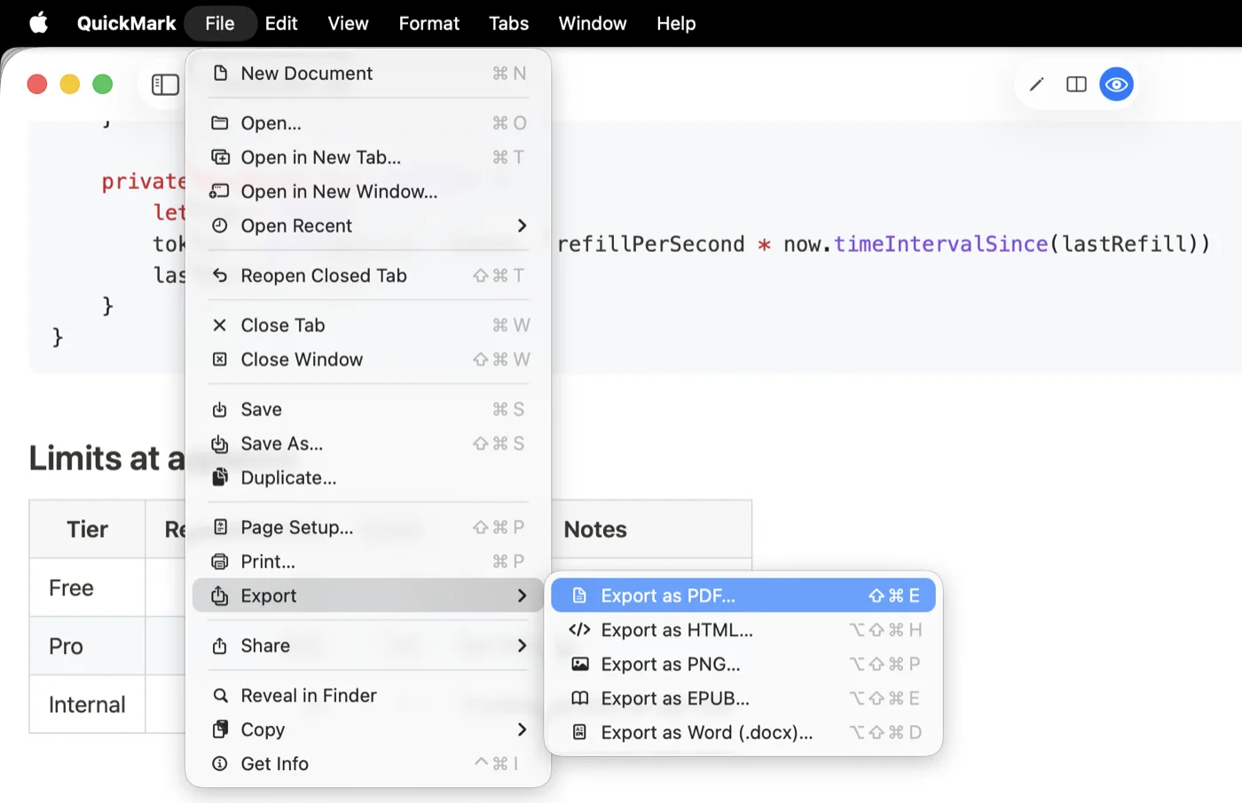 QuickMark's Export menu offering PDF, HTML, PNG, EPUB and Word