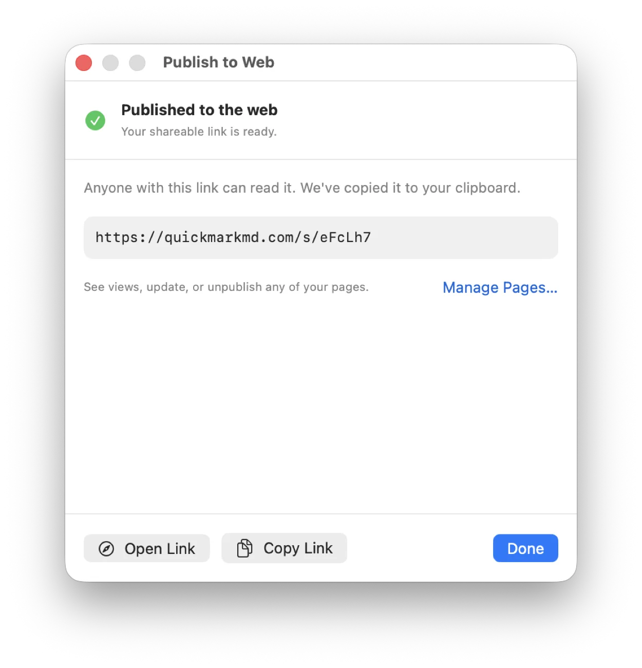 Publishing a QuickMark document to a clean shareable web link