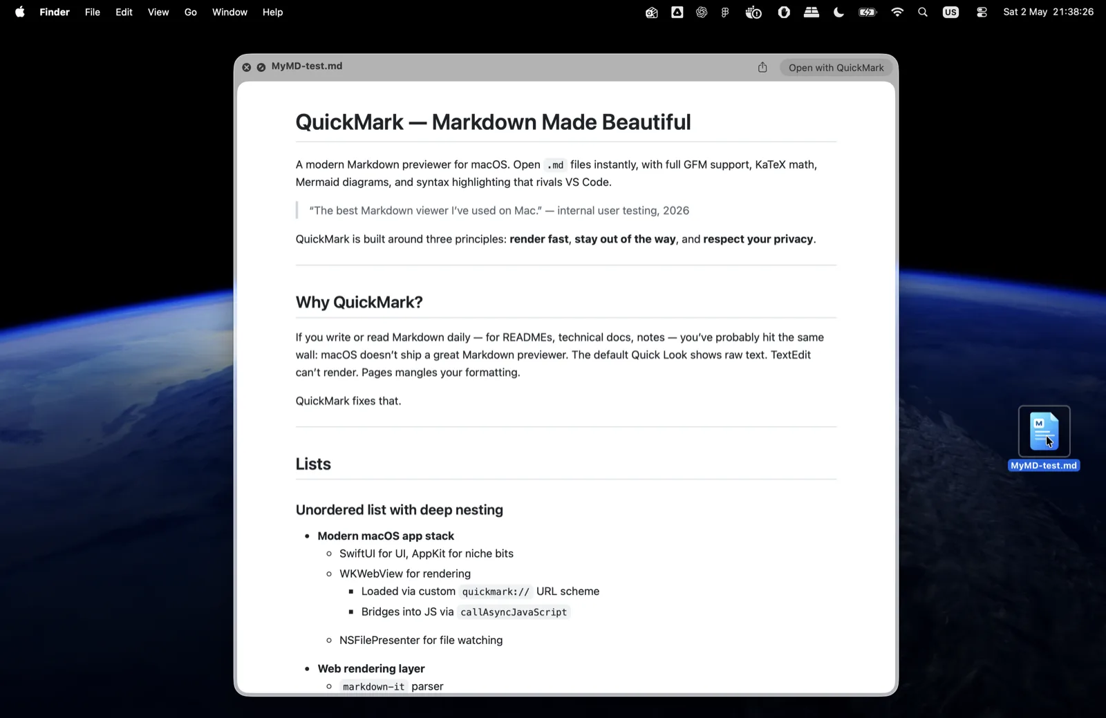 Pressing Space in Finder previews a Markdown file with QuickMark