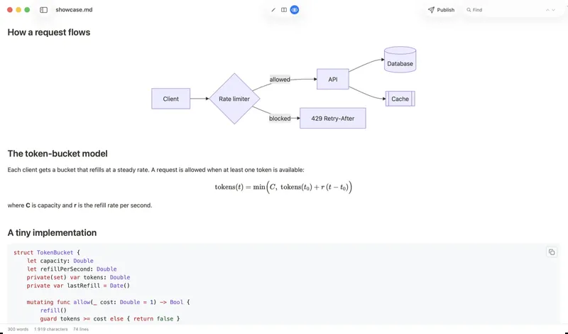 Syntax-highlighted code, a Mermaid diagram and math rendered in QuickMark