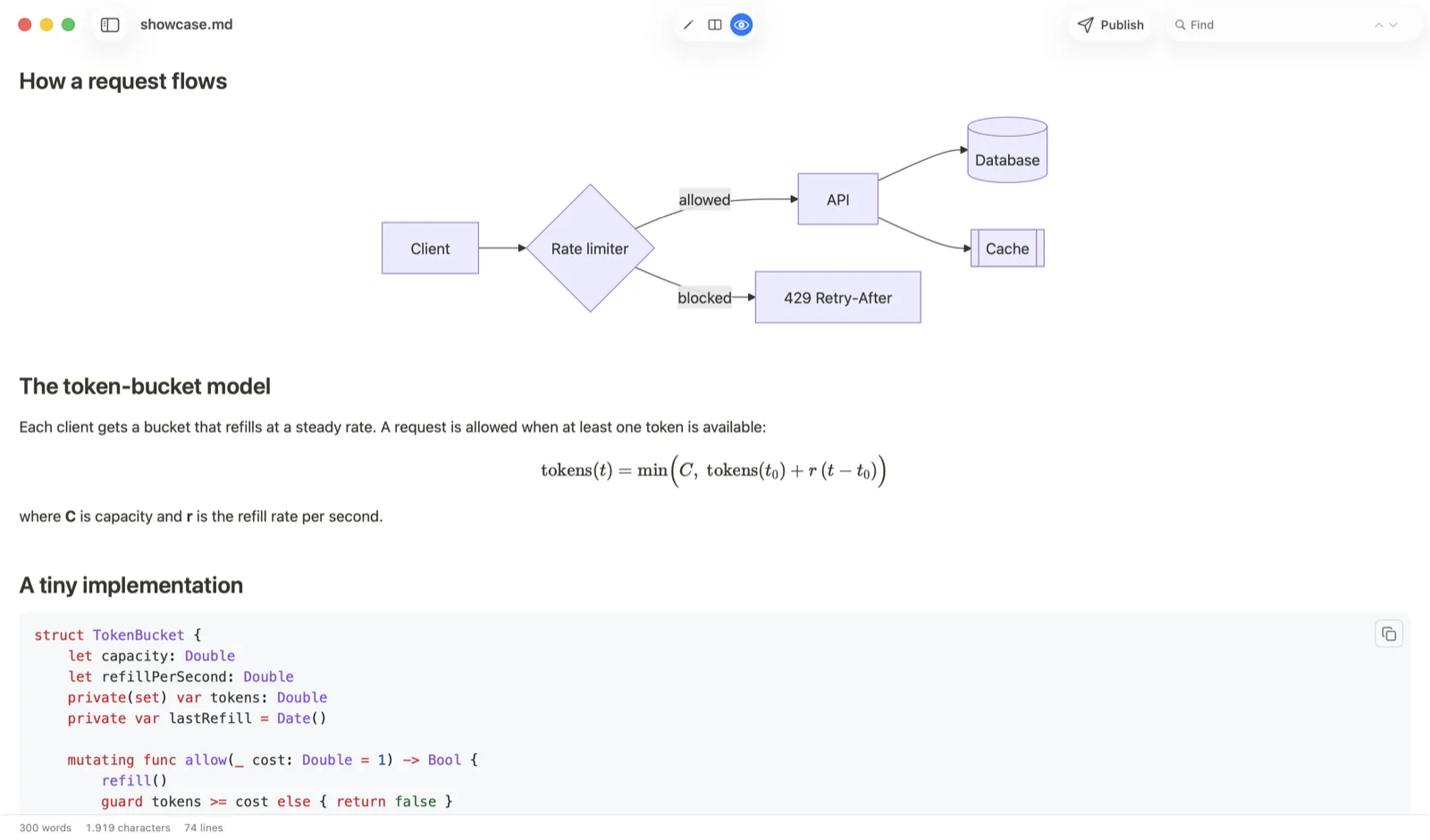 Syntax-highlighted code, a Mermaid diagram and KaTeX math rendered in QuickMark
