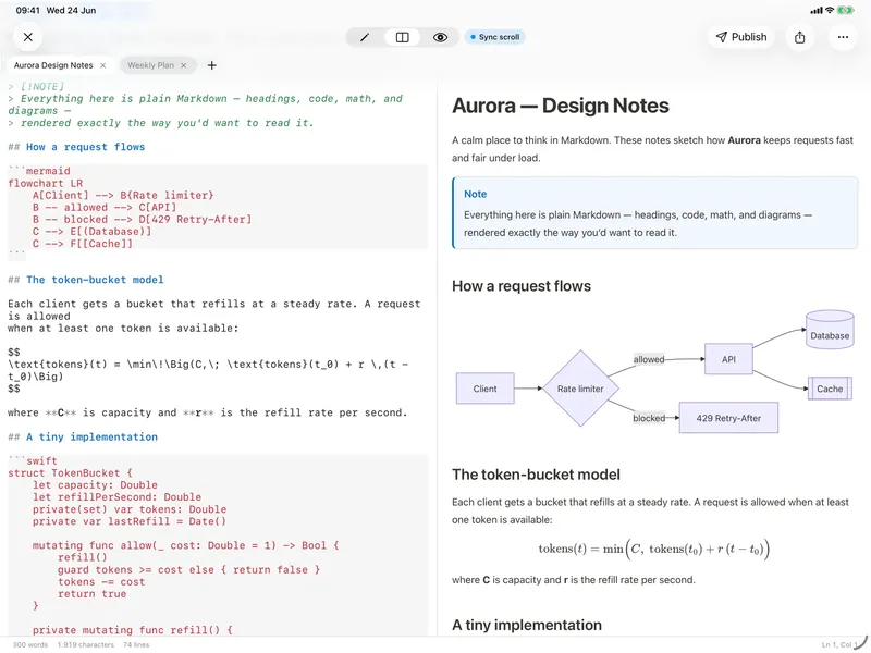 QuickMark split view with the editor and live preview side by side on iPad