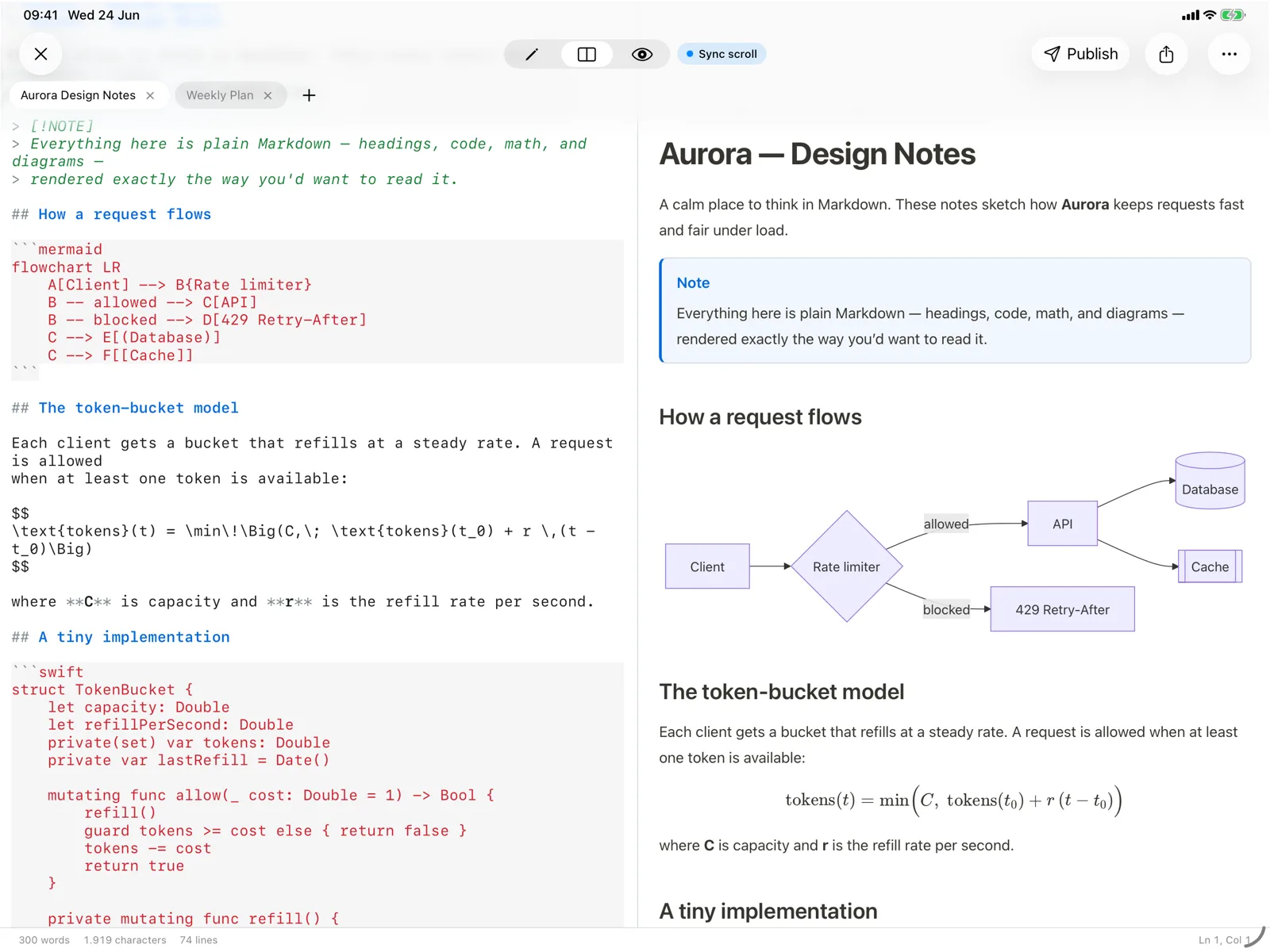 QuickMark split view with editor and live preview side by side on iPad