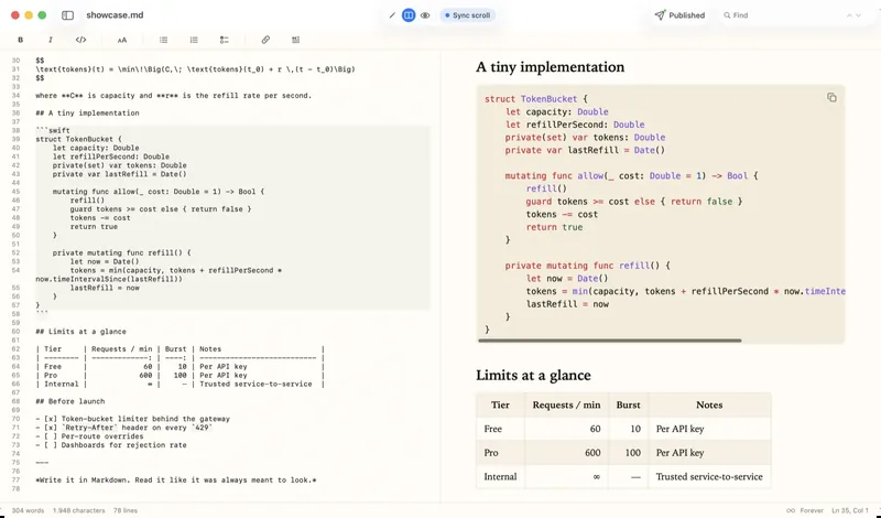 A QuickMark document shown with a custom reading and code theme