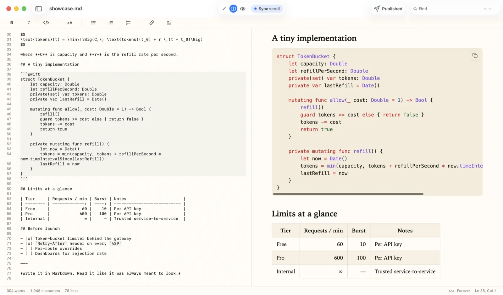 A QuickMark document shown with a custom reading and code theme