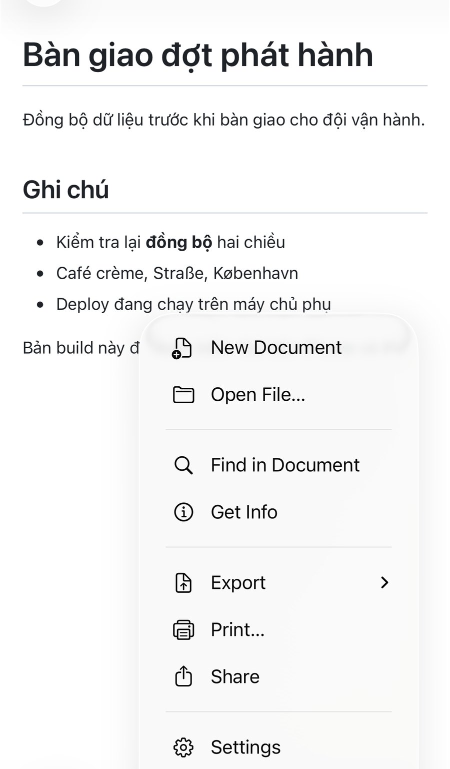 The QuickMark overflow menu open on iPhone with New Document, Open File, Find in Document, Get Info, Export, Print and Share listed