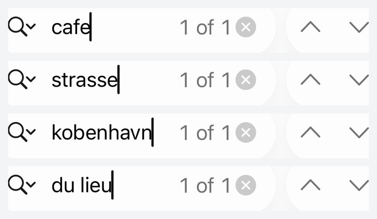 Four QuickMark find bars stacked, showing the queries cafe, strasse, kobenhavn and du lieu, each reporting 1 of 1