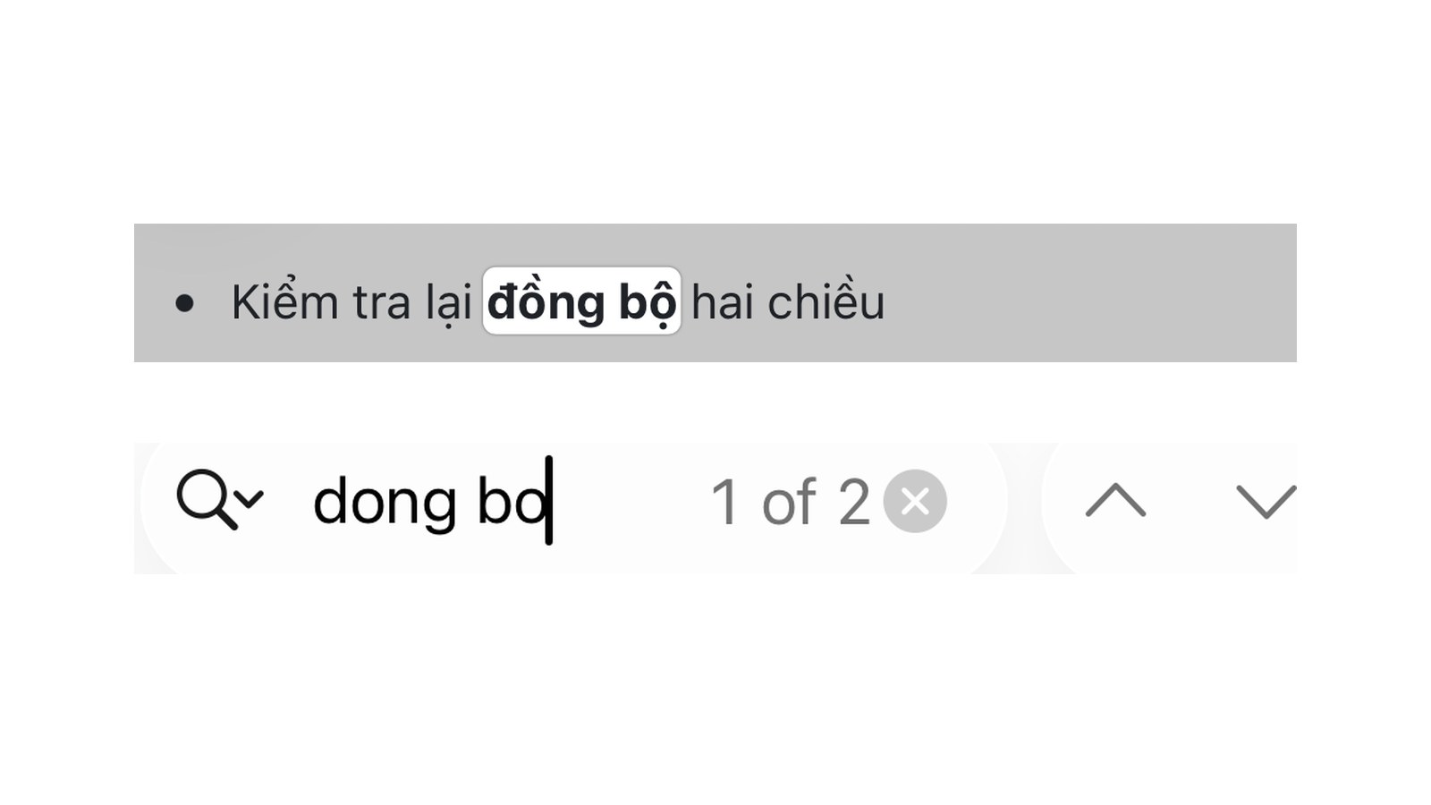 A QuickMark find bar on iPhone reading dong bo with the counter 1 of 2, above a line of Vietnamese text where the words đồng bộ are highlighted as the current match