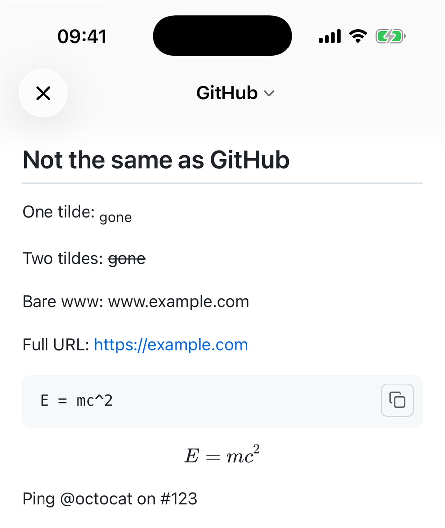 QuickMark on iPhone showing: One tilde rendered as subscript, two tildes struck through, a bare www address as plain text, a full https URL as a blue link, a math code fence shown as a plain code block, a $$ block rendered as a formula, and @octocat on #123 as plain text