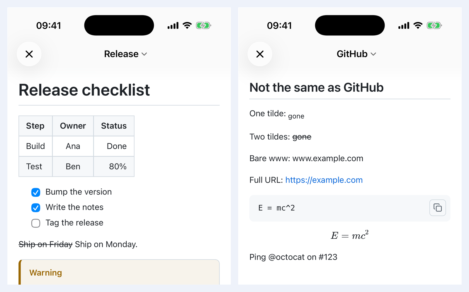 Two iPhone screens in QuickMark. Left: a release checklist with a table, ticked and unticked task boxes, struck-through text and a Warning alert. Right: a page titled Not the same as GitHub, where one tilde gives subscript, a bare www address is not a link and a math code block shows as plain code