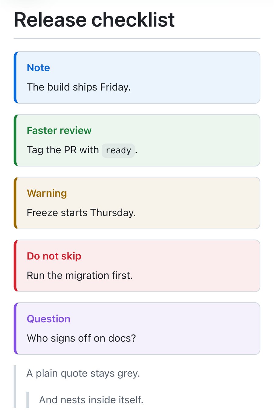 QuickMark on iPhone showing a Release checklist rendered as a blue Note box, a green box titled Faster review, an amber Warning box, a red box titled Do not skip, a purple Question box and a grey plain quote with a nested quote