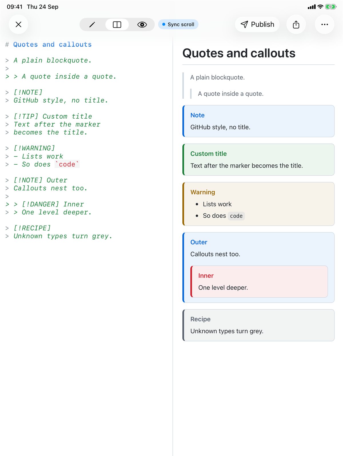 QuickMark on iPad in split view showing, from top to bottom, a plain and nested quote, a blue Note, a green Custom title callout, an amber Warning with a list and code, a blue Outer callout containing a red Inner callout, and a grey Recipe callout