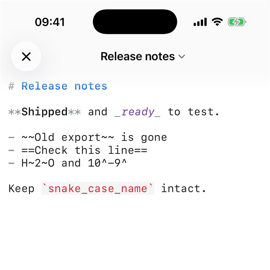 QuickMark's iPhone editor showing Markdown source. The bold and italic markers are grey with their text styled bold and italic, while the tilde and equals markers on the list lines stay plain black