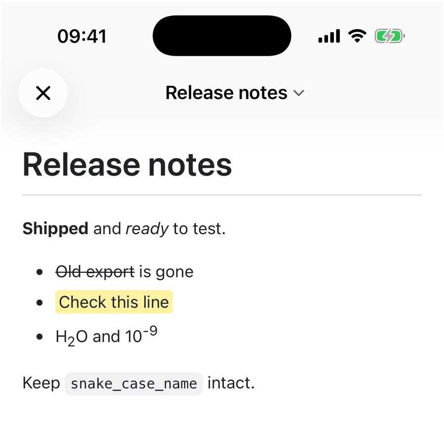 The same document rendered on iPhone: Shipped in bold, ready in italics, Old export struck through, Check this line on a yellow highlight, H2O with a subscript two