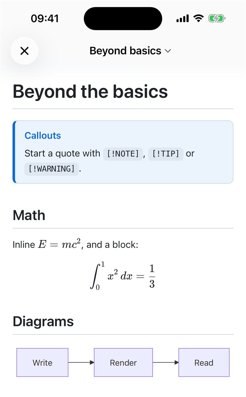 QuickMark on iPhone showing a rendered document with a blue NOTE callout, an inline KaTeX formula, a typeset integral, and a Mermaid flowchart