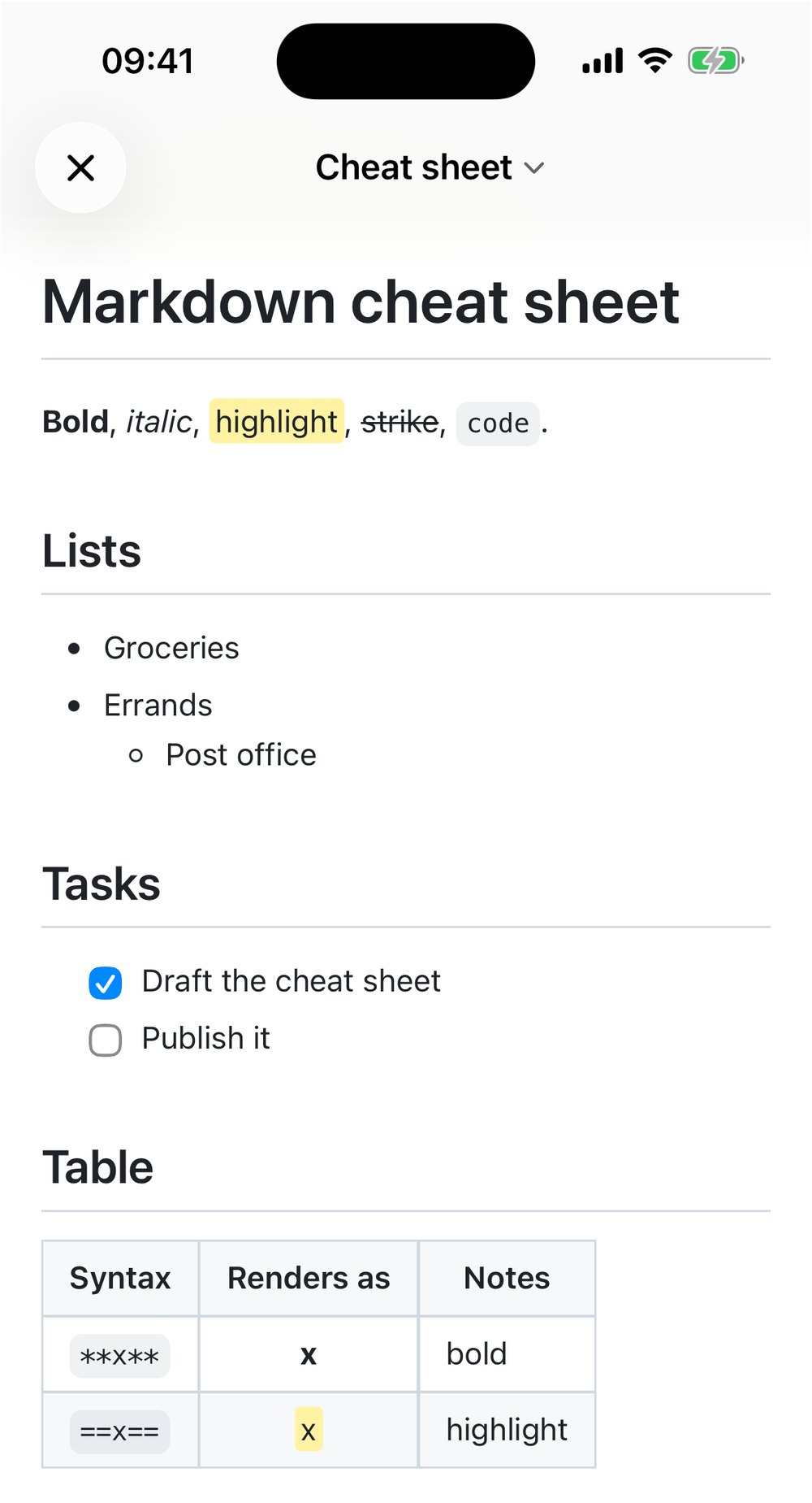 QuickMark on iPhone rendering a Markdown cheat sheet document with headings, bold and highlighted text, nested lists, checked task list items and an aligned table