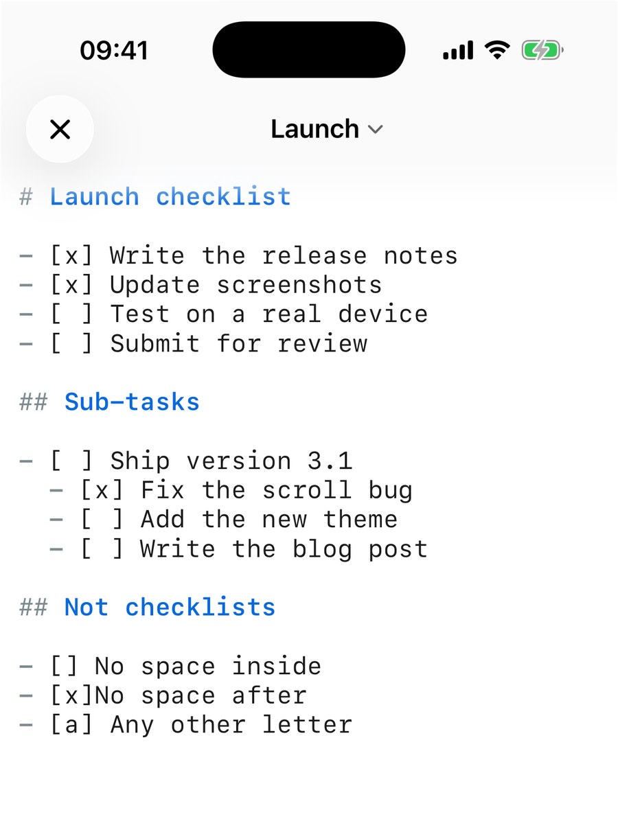 QuickMark's iPhone editor showing the raw Markdown source of a checklist, including three deliberately broken lines
