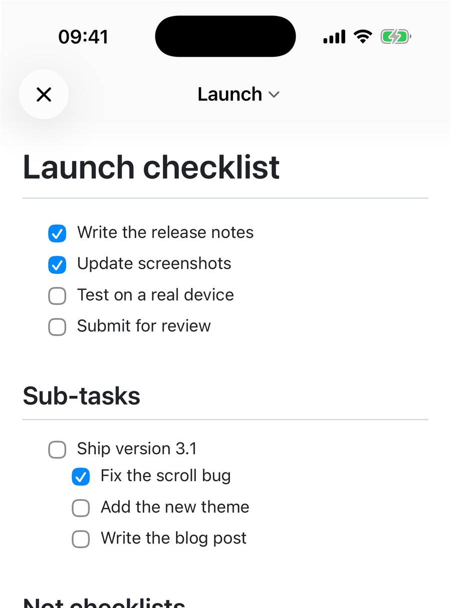 The same document rendered on iPhone: real checkboxes for the valid lines, plain bullets showing literal brackets for the three broken lines