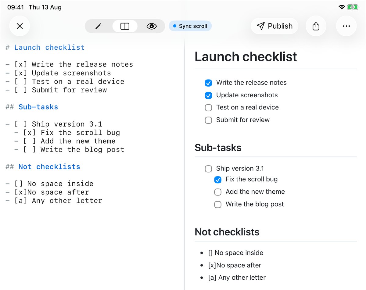 iPad split view with sync scroll enabled, raw checklist Markdown on the left and rendered checkboxes on the right