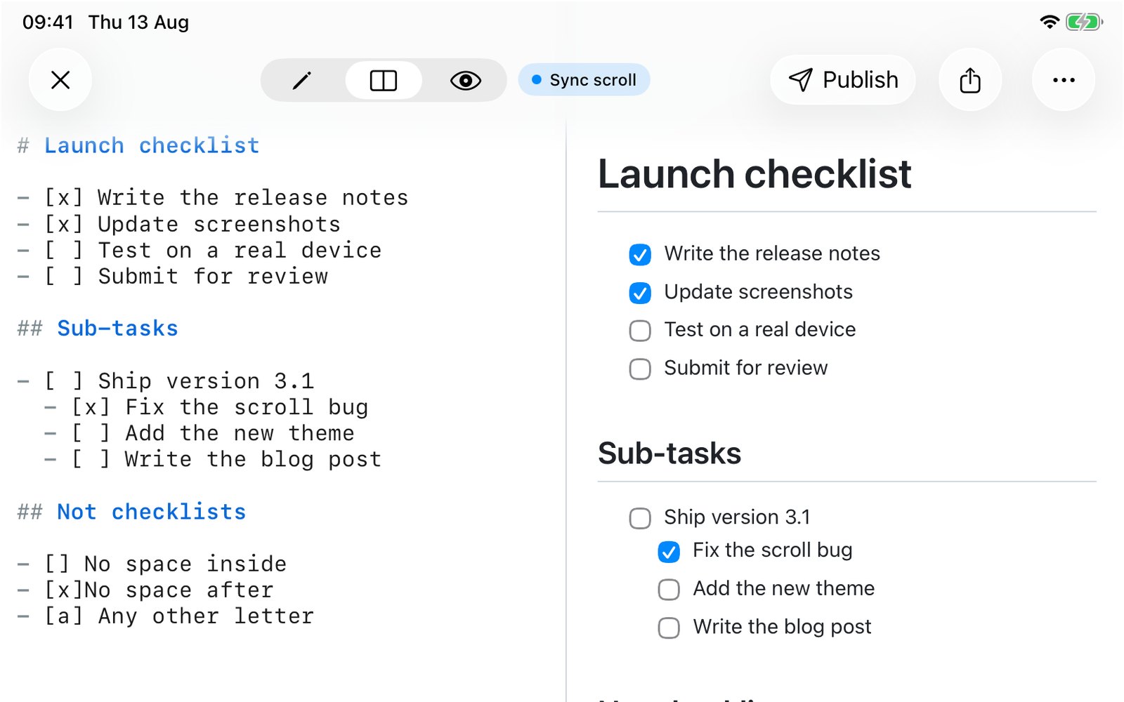 QuickMark on an iPad in split view: the raw Markdown checklist source on the left, the same list rendered as blue checked boxes and empty round-cornered boxes on the right