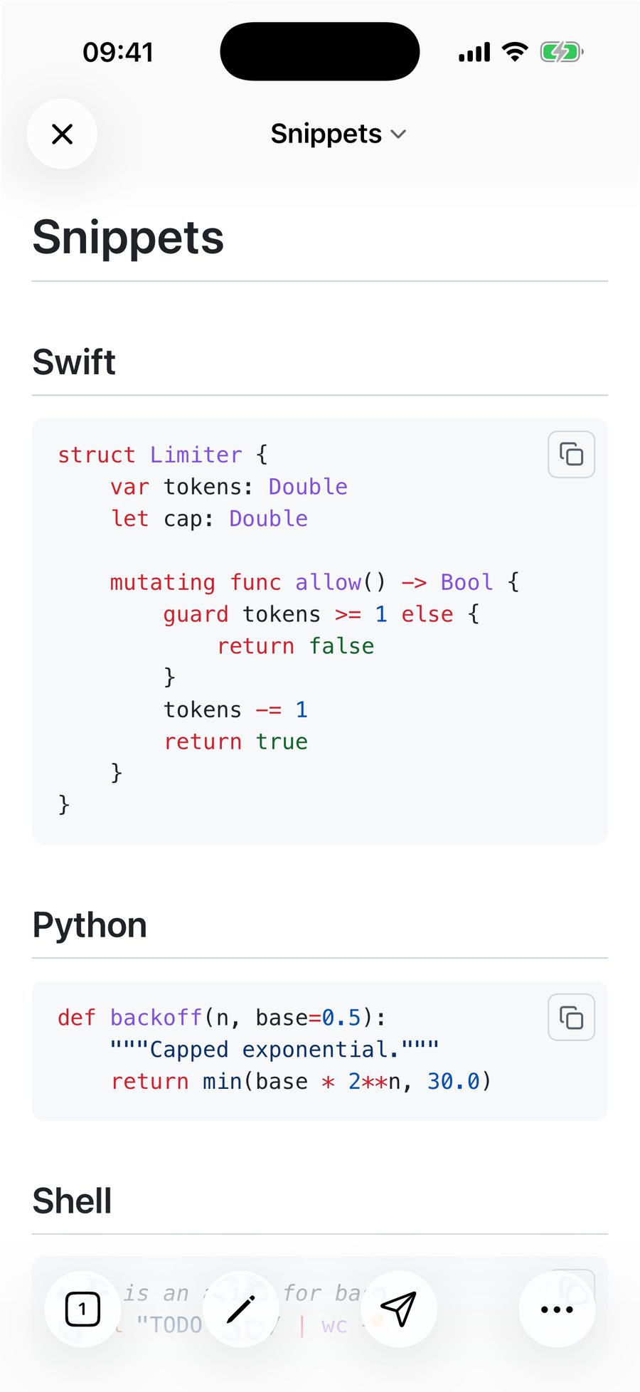 QuickMark on iPhone showing a Snippets document with a Swift struct and a Python function, both syntax-highlighted, each code block carrying a copy button in its top-right corner