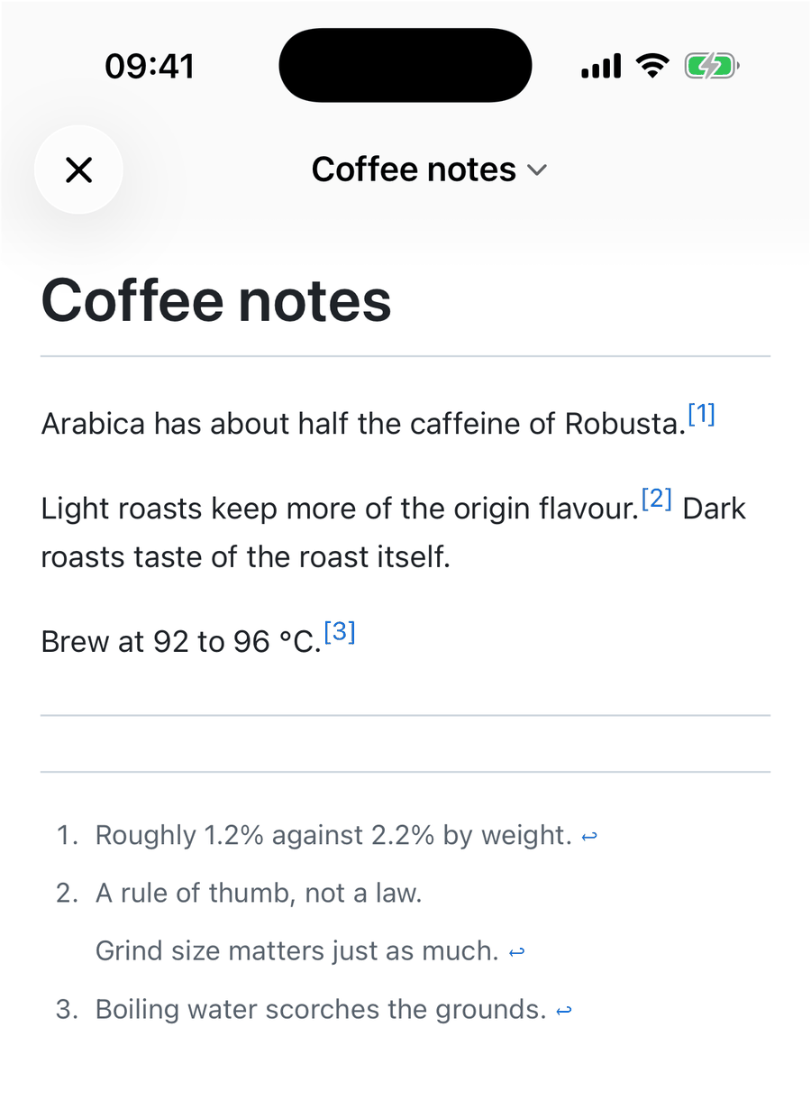 QuickMark preview on iPhone showing three paragraphs with raised blue [1], [2] and [3] links, and below them a numbered list of three notes in smaller grey text, the second note spanning two paragraphs