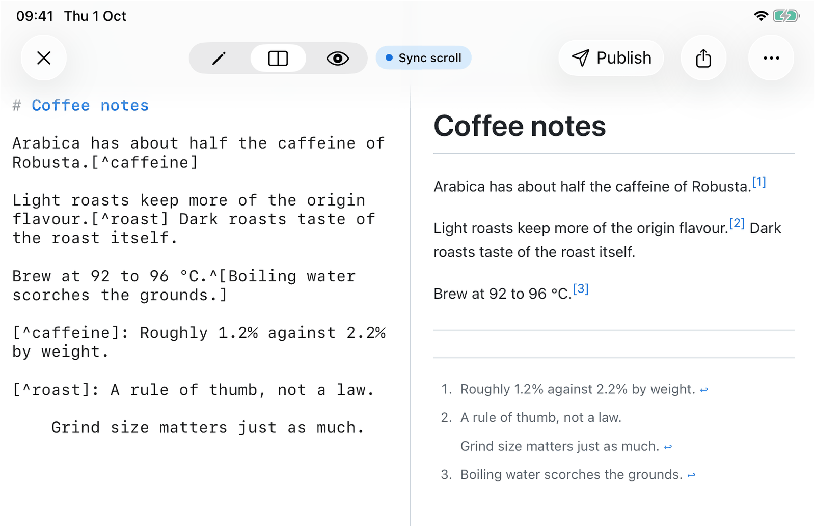 QuickMark on iPad in split view. Left: Markdown source with [^caffeine] and [^roast] markers, an inline ^[...] note and two footnote definitions. Right: the rendered page with raised [1], [2], [3] links and a numbered list of notes at the bottom