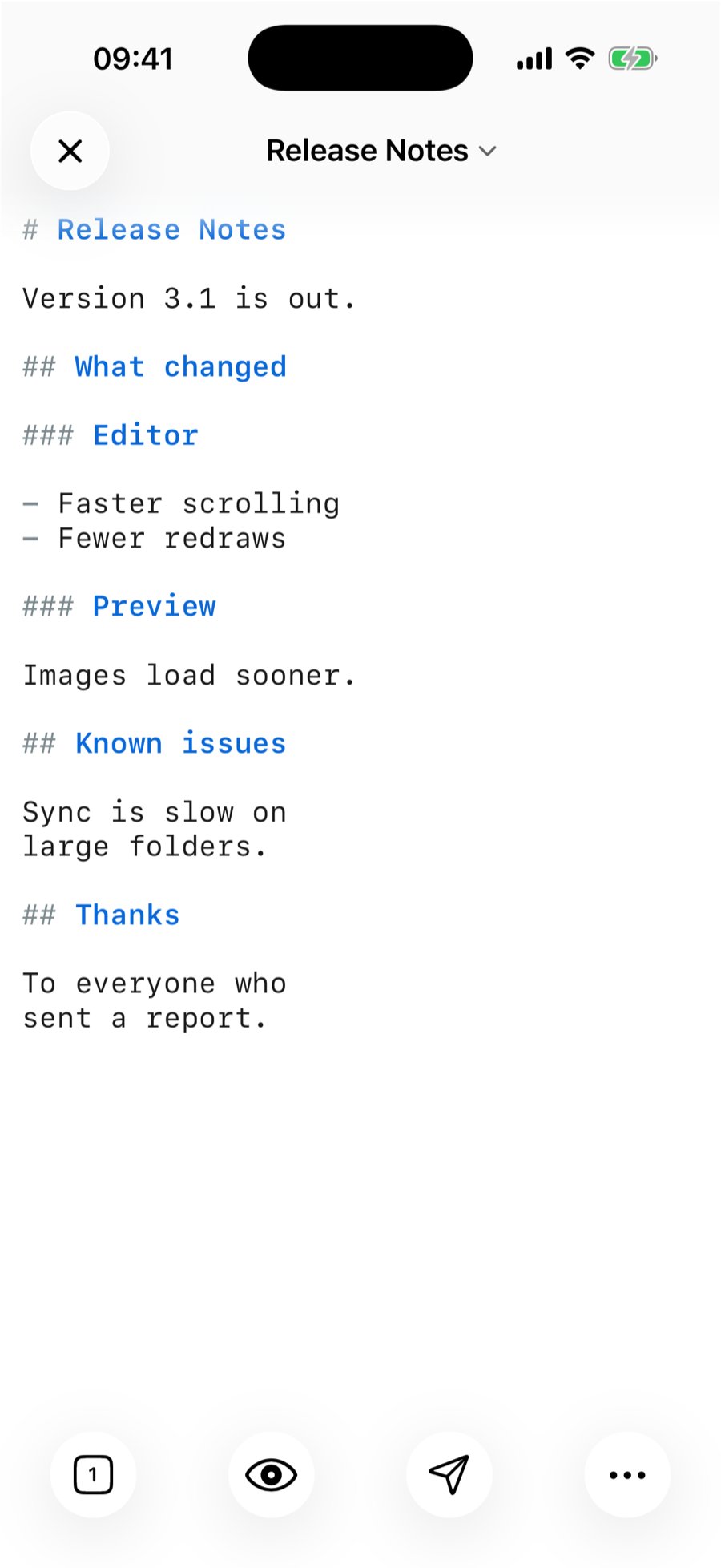 QuickMark's iPhone editor showing raw Markdown: one hash heading, two-hash headings and three-hash headings, with the hash characters tinted grey and the heading text in blue