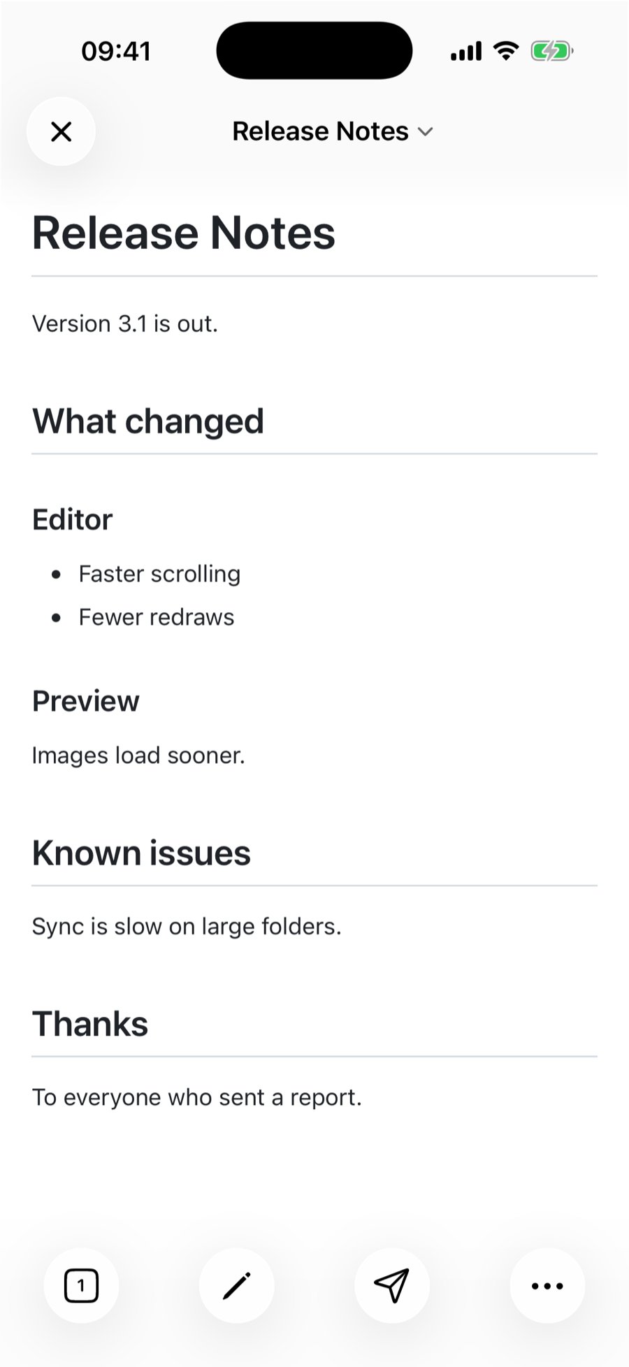 The same document rendered on iPhone: Release Notes as a large title with a rule under it, What changed and Known issues smaller, Editor and Preview smaller again