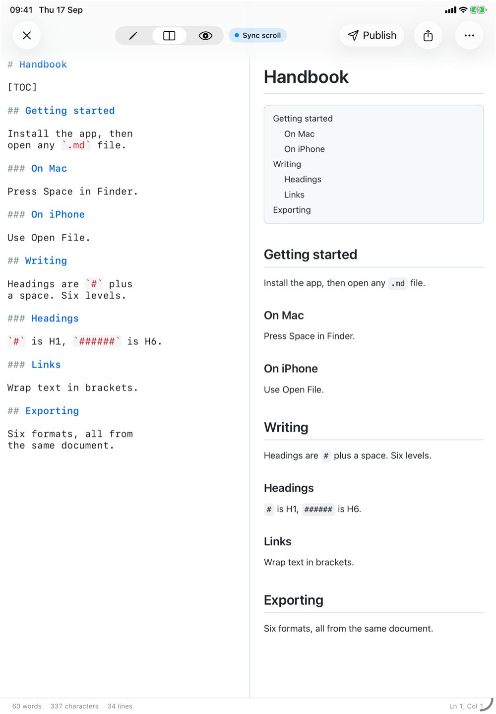 QuickMark on an iPad in split view: the left pane shows Markdown source containing a TOC marker on its own line, the right pane shows the rendered page with a boxed, indented list of links to Getting started, On Mac, On iPhone, Writing, Headings, Links and Exporting