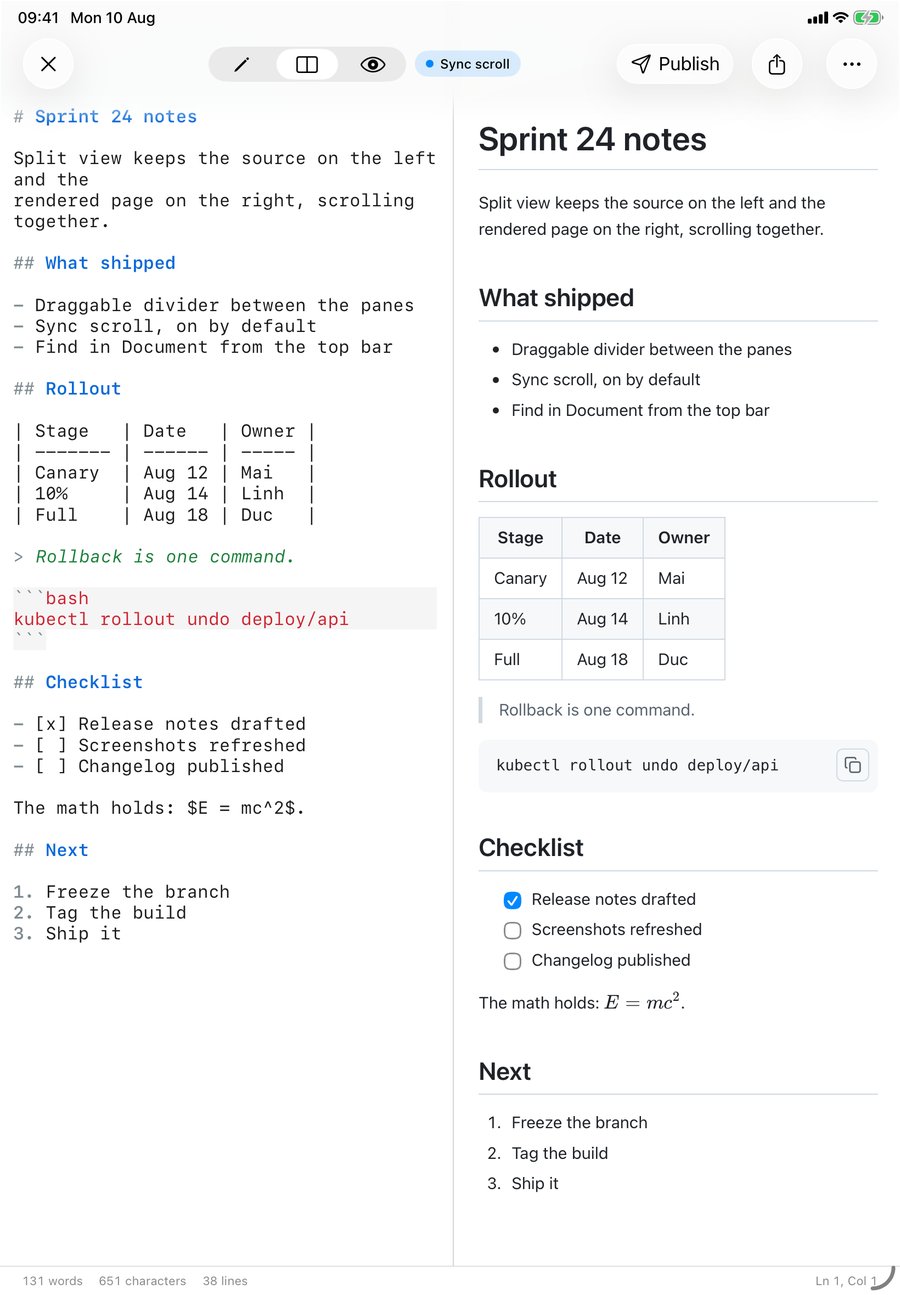 Full portrait screenshot of QuickMark on iPad in split view, showing Markdown source with a table, code fence and checklist on the left and the rendered result on the right, plus a status bar reading 131 words, 651 characters, 38 lines