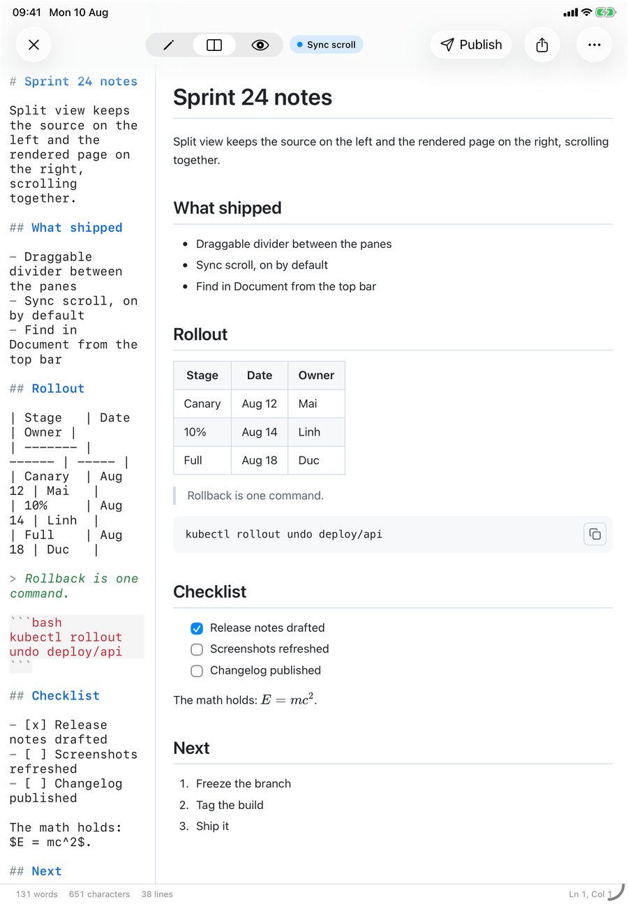 QuickMark on iPad with the divider dragged fully left, the editor pane clamped to its 200 point minimum and the preview taking the rest of the screen