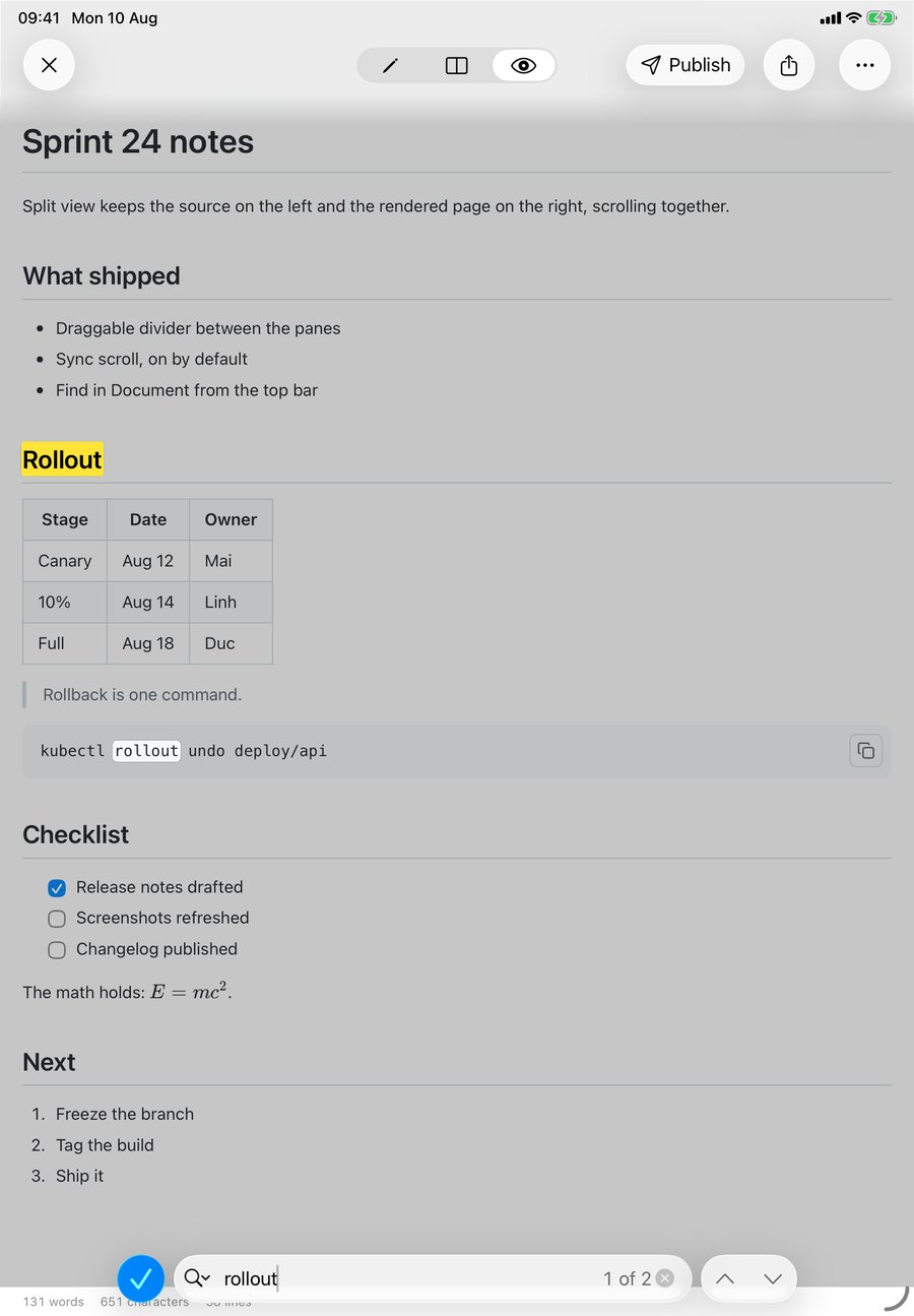 QuickMark on iPad with the find bar open at the bottom, the word rollout typed in, one match highlighted in yellow and a counter reading 1 of 2