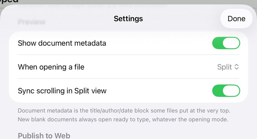 The Preview section of QuickMark's iPad Settings sheet, with When opening a file set to Split and Sync scrolling in Split view switched on