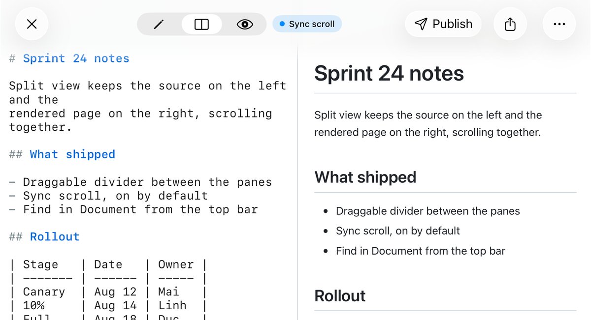 QuickMark on iPad showing Markdown source on the left and the rendered document on the right, with the mode picker and a Sync scroll chip in the top bar