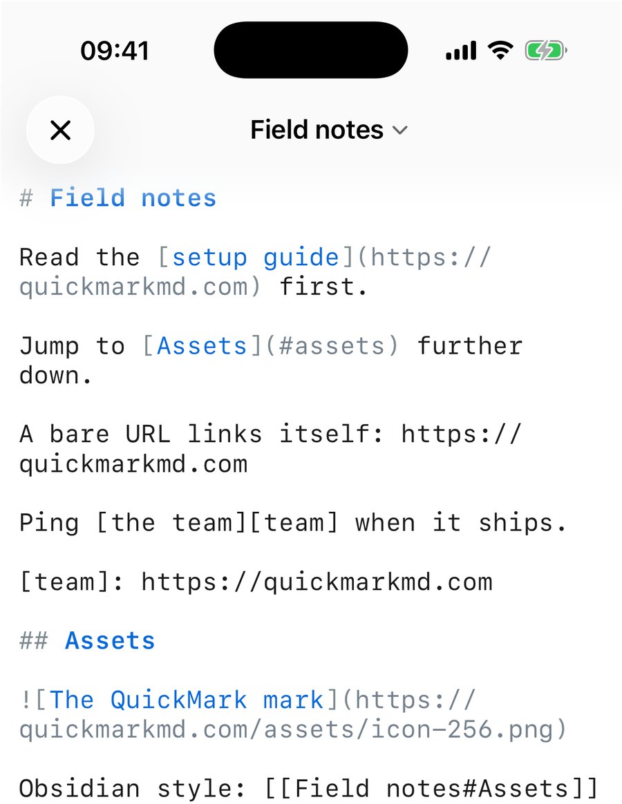 QuickMark's iPhone editor showing the raw Markdown source: an inline link, an anchor link, a bare URL, a reference link, an image and a wikilink
