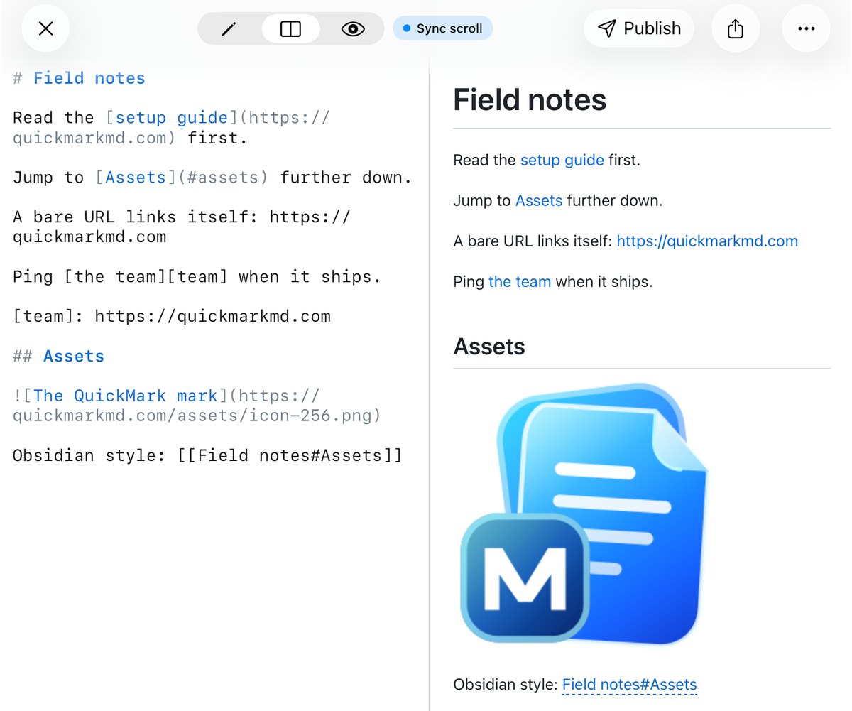 iPad split view with sync scroll on, Markdown source on the left including a wikilink and an image, the rendered page on the right