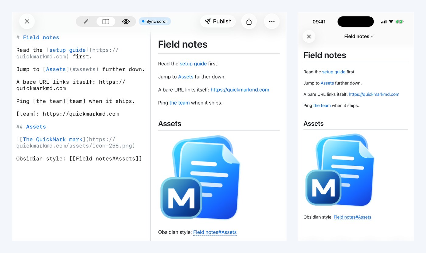 QuickMark on an iPad in split view with the raw Markdown on the left and the rendered page on the right, next to the same document on an iPhone: links in blue, the QuickMark icon shown as an image