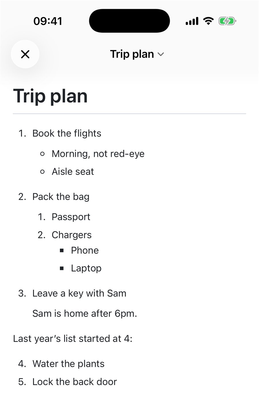 The trip plan rendered in QuickMark on iPhone: a numbered list with hollow sub-bullets, a nested numbered list with square bullets below it, an indented note under item 3, and a second list numbered 4 and 5