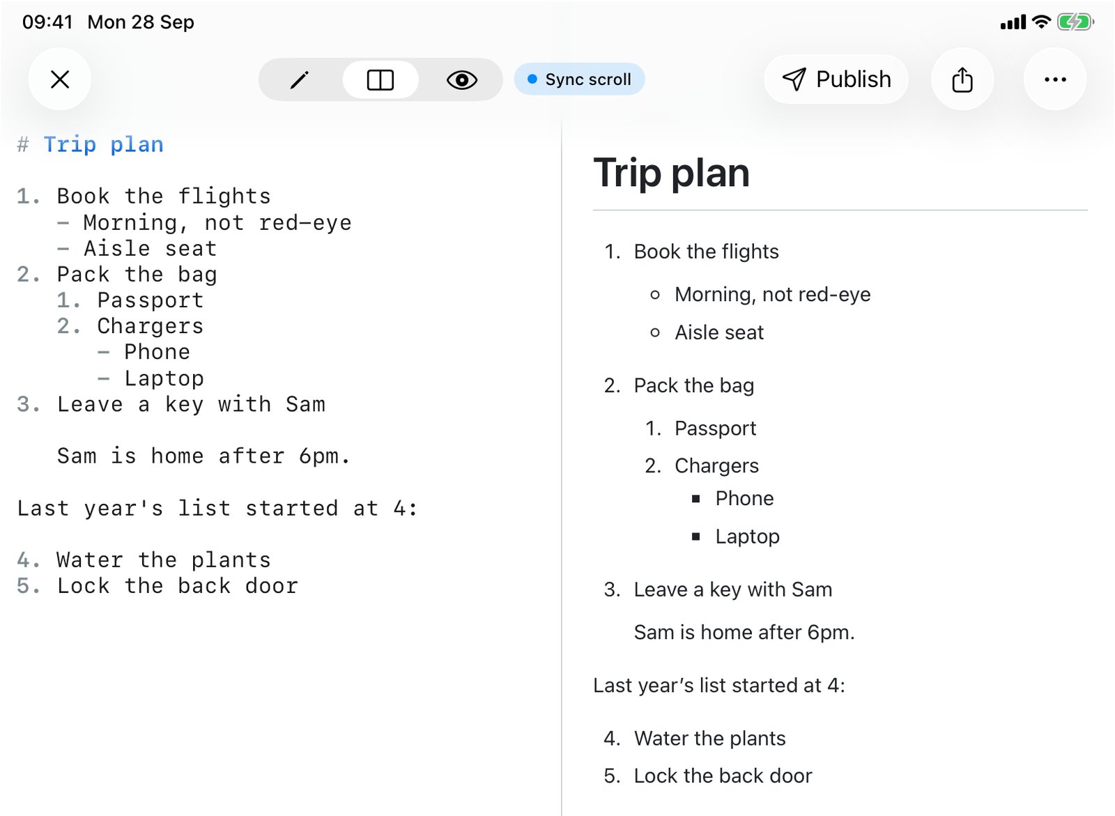 QuickMark on iPad in split view. Left: Markdown source with numbered items, indented dash bullets and a nested numbered list. Right: the rendered result, with hollow bullets at the second level, square bullets at the third, and a second list that starts at 4