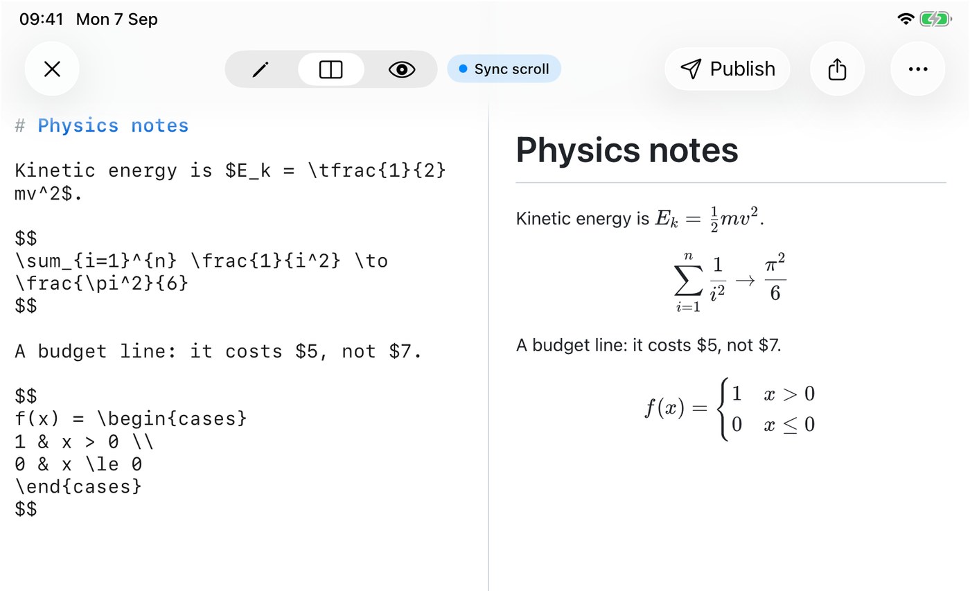 QuickMark on an iPad in split view: the raw Markdown with dollar-sign delimiters on the left, the typeset equations on the right, including a summation and a cases block