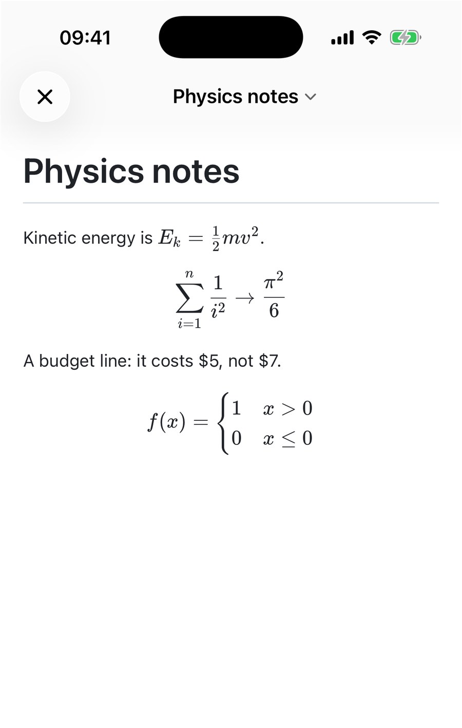 An iPhone showing the same physics note in preview mode with the inline formula, the summation and the cases block all typeset