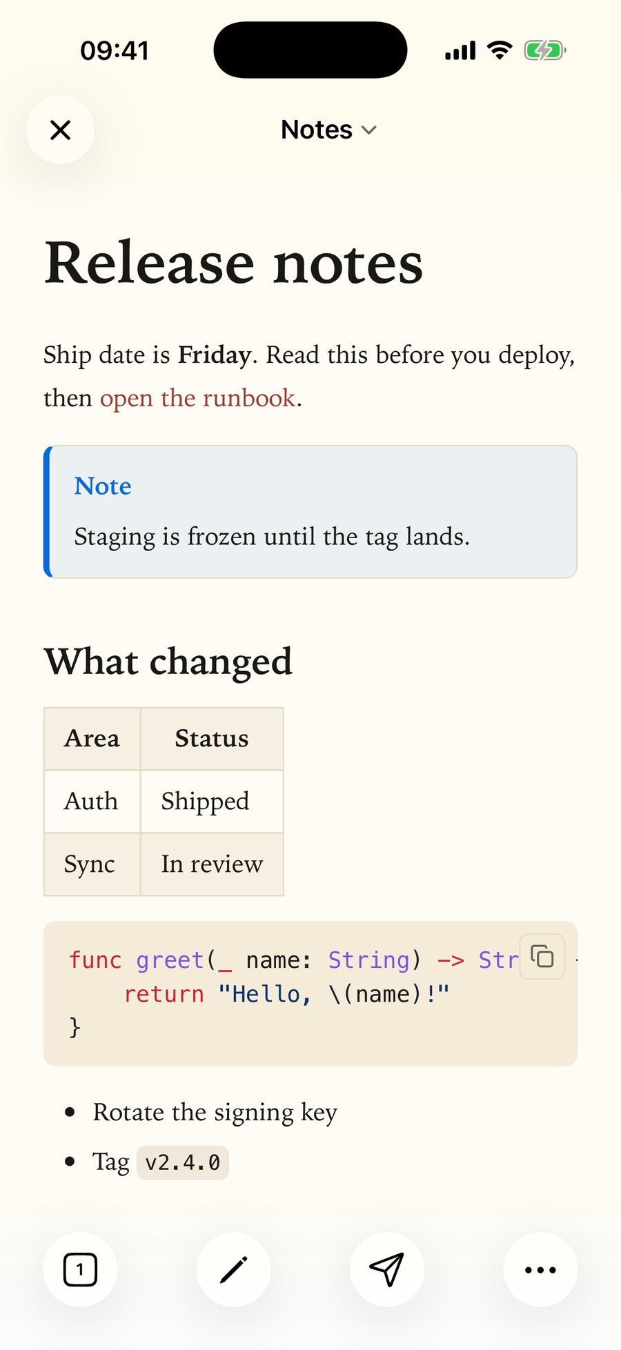 QuickMark on iPhone in the Essay reading theme, where the title bar and bottom toolbar are the same cream colour as the page