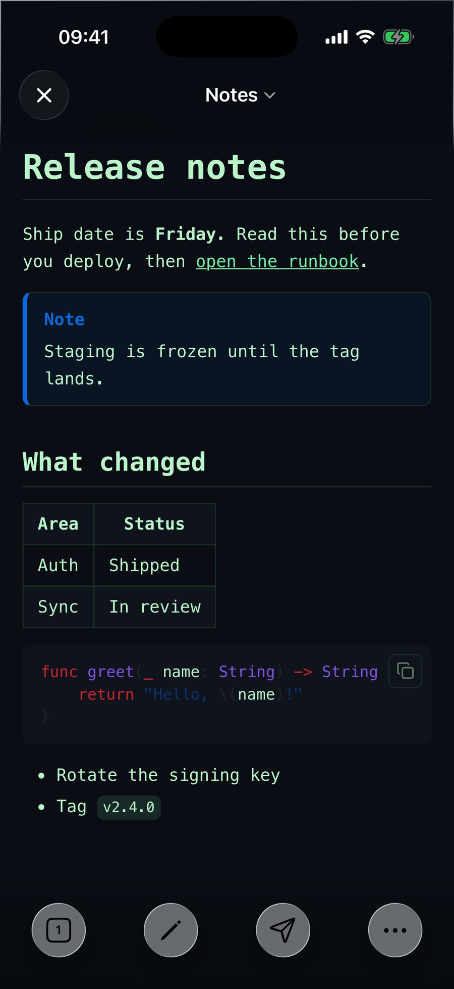 QuickMark on iPhone in the Terminal reading theme, where the whole app including the title bar is dark with green text, despite the device being in light mode