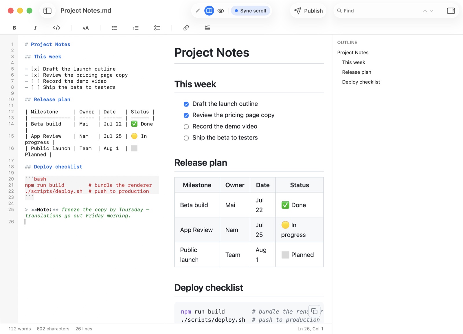 QuickMark on Mac in split view, Markdown source on the left, rendered document on the right, and a document outline pane on the far right