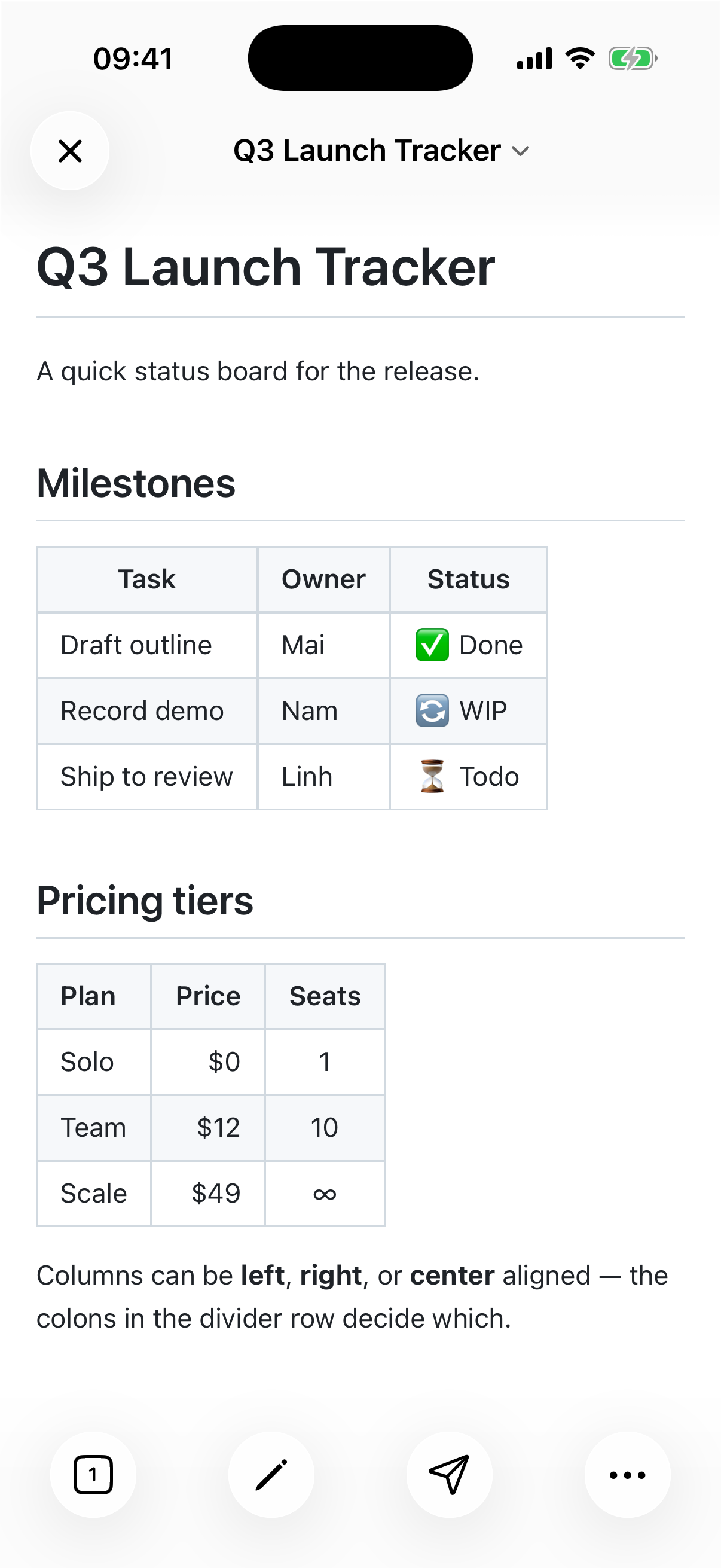 QuickMark on iPhone showing a Q3 Launch Tracker document: a Milestones table with Task, Owner and Status columns and emoji statuses, and a Pricing tiers table with left-aligned plan names, right-aligned prices, and center-aligned seat counts