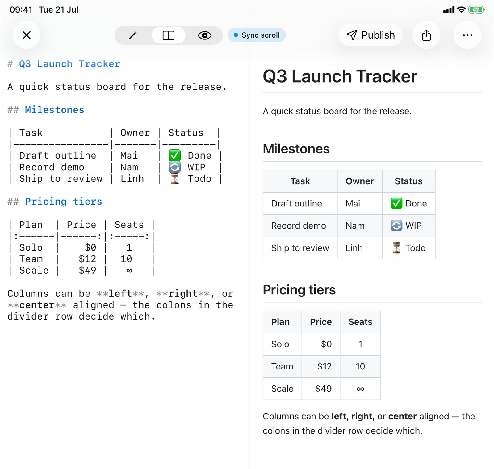 QuickMark on iPad in split view: the Markdown table source with pipes and colon-alignment dividers on the left, and the same two tables rendered with proper columns and alignment on the right