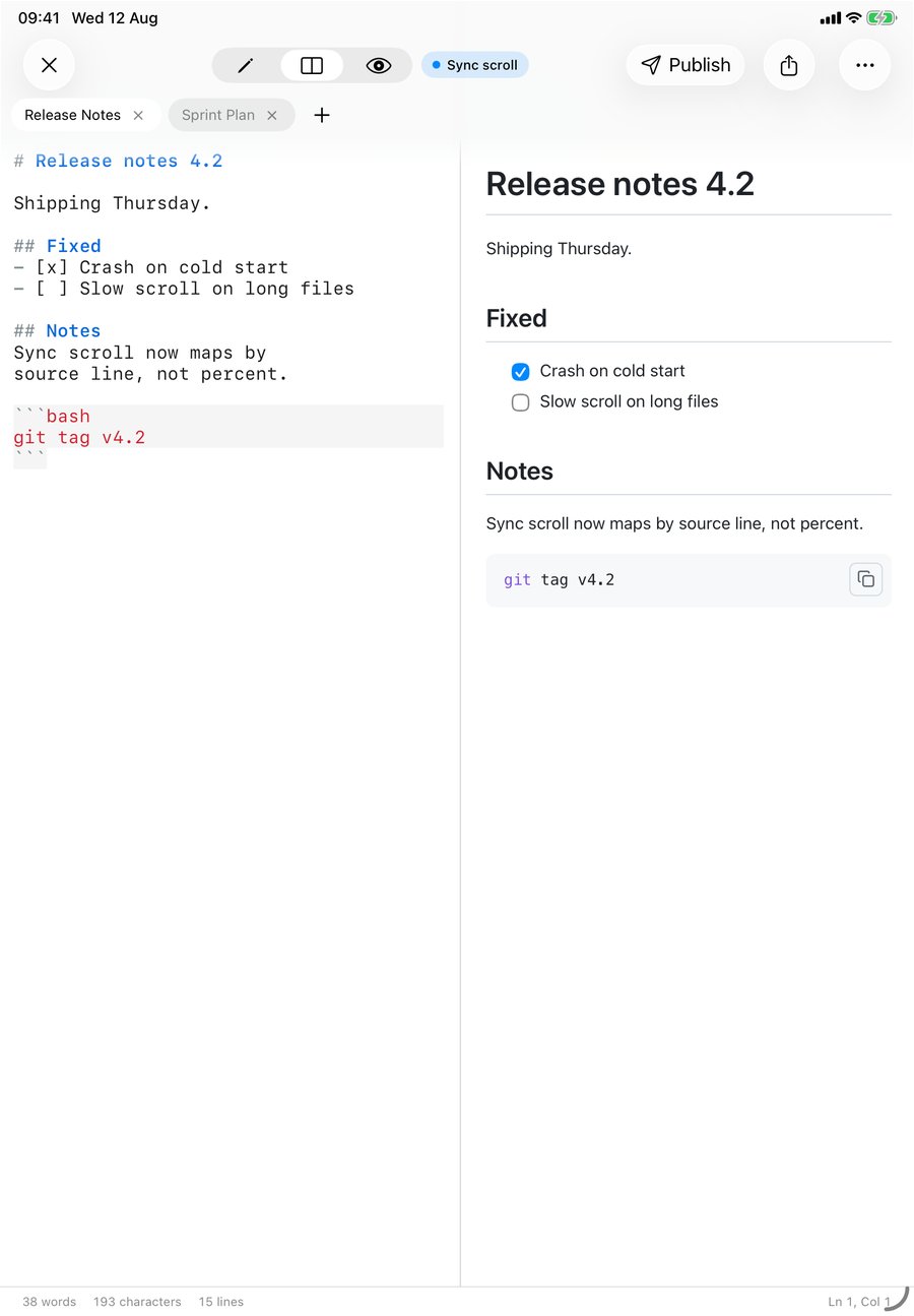 Full iPad screen showing the QuickMark tab strip with Release Notes active and Sprint Plan inactive, above a split view of Markdown source and rendered preview