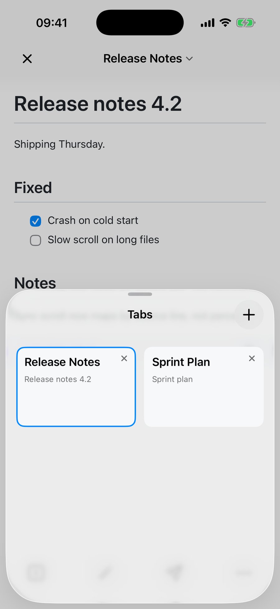 The QuickMark tab switcher on iPhone, a two-column grid of document cards with Release Notes selected and Sprint Plan beside it