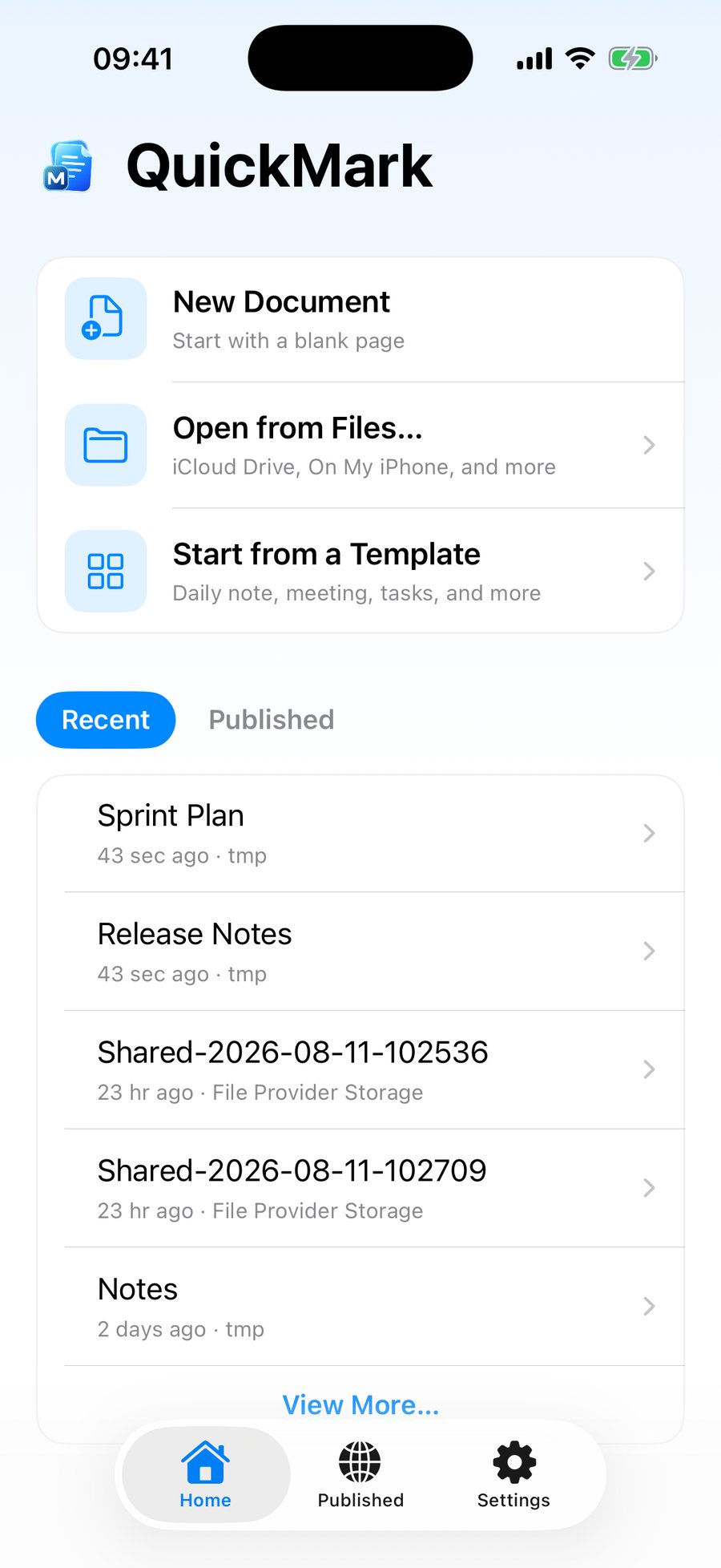 QuickMark's iPhone home screen after relaunch, showing New Document, Open from Files and Start from a Template above a Recent list with Sprint Plan and Release Notes at the top